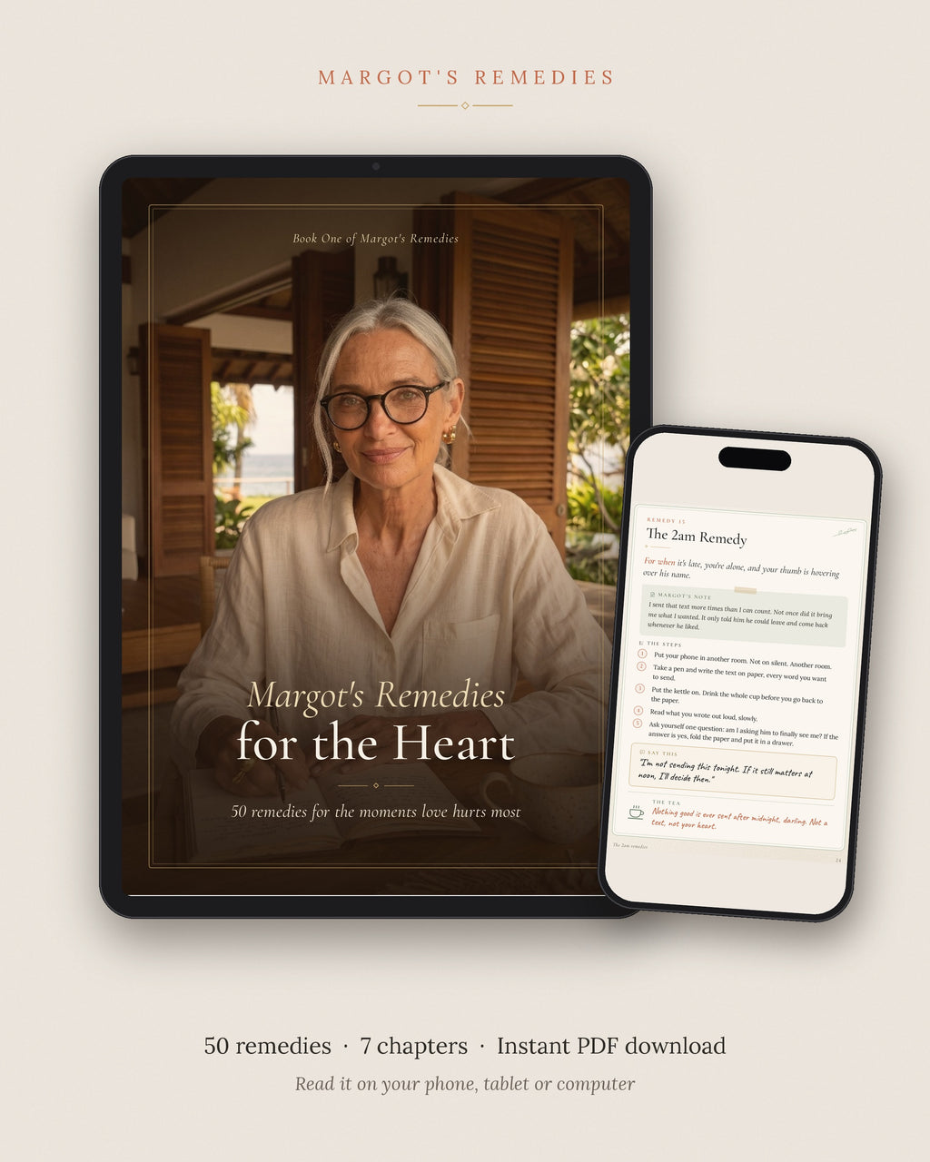 Margot’s Remedies for the Heart ebook shown on a tablet and phone