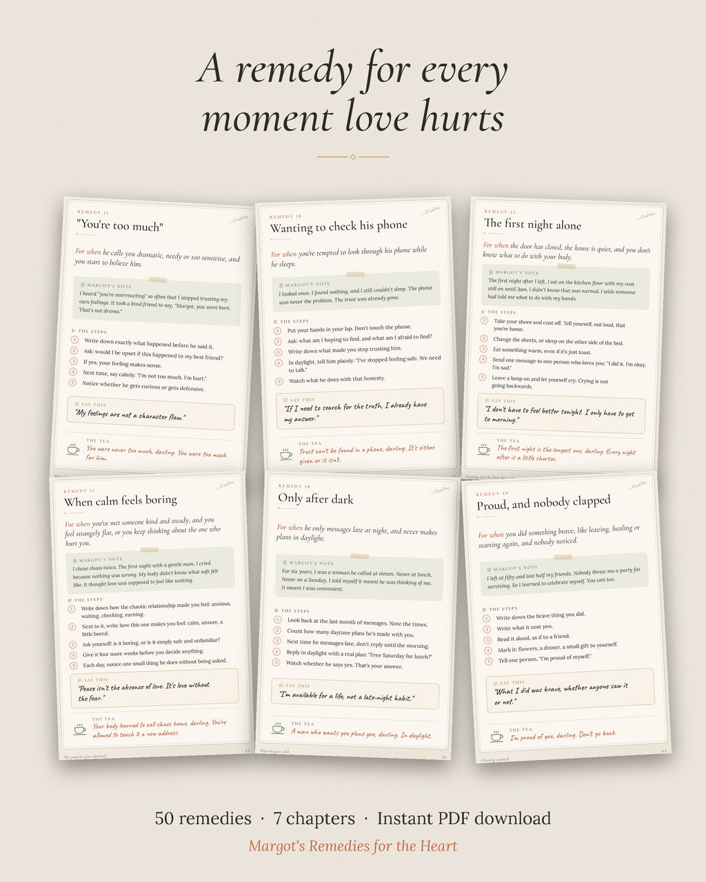 Six remedy pages from the ebook, including ‘You’re too much’ and ‘Wanting to check his phone’