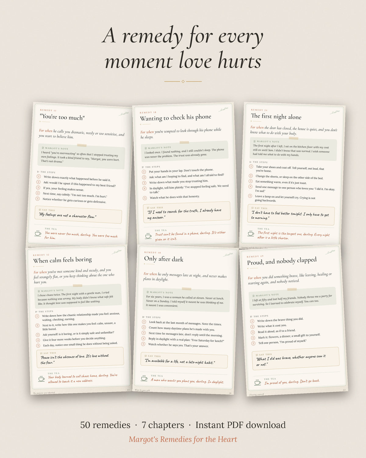 Six remedy pages from the ebook, including ‘You’re too much’ and ‘Wanting to check his phone’